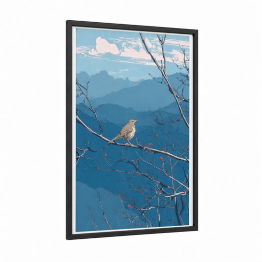 Mountain Thrush framed art print — black wood frame — blue and white palette