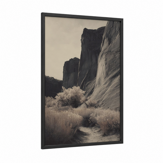 Desert Cliff Canyon framed art print — black wood frame — gray and cream palette