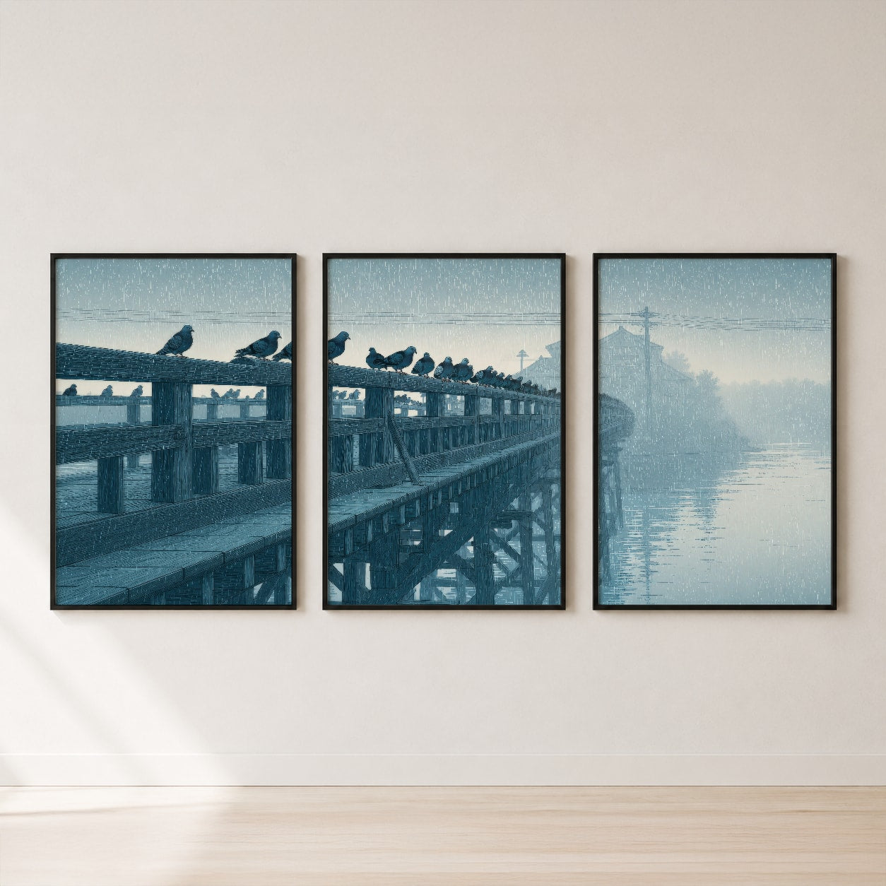 Rainy Bridge with Pigeons Triptych Wall Art — set hero