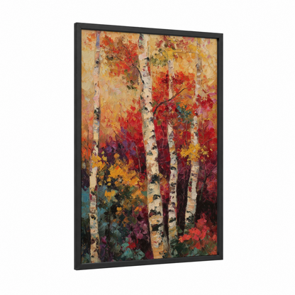 Autumn Birch Forest framed art print — black wood frame — gold and red palette