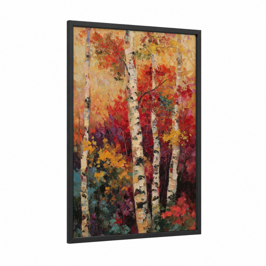 Autumn Birch Forest framed art print — black wood frame — gold and red palette