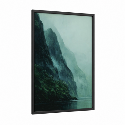 Misty Cliff framed art print — black wood frame — teal and dark green palette