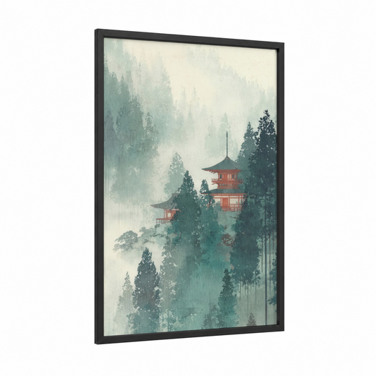 Misty Temple framed art print — black wood frame — light green and sage green palette