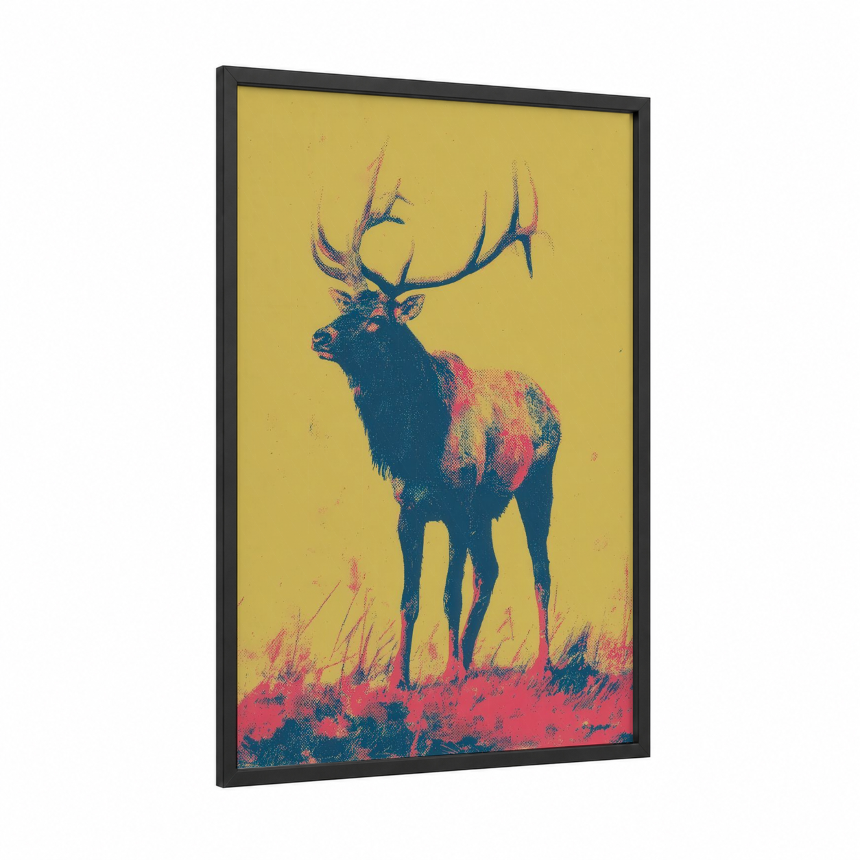 Majestic Elk Portrait framed art print — black wood frame — yellow gold and blue palette