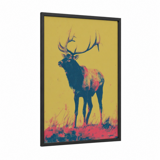 Majestic Elk Portrait framed art print — black wood frame — yellow gold and blue palette