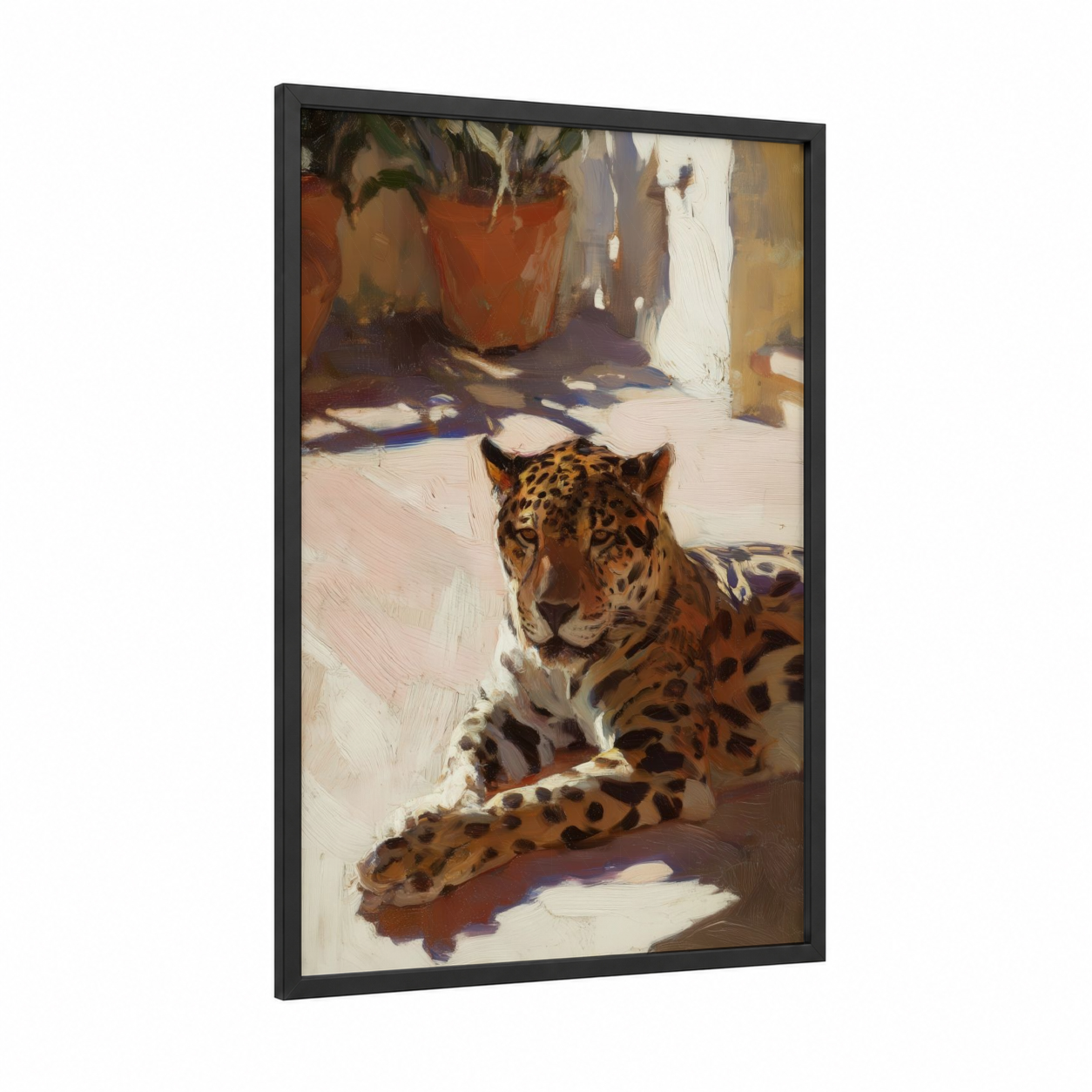 Sunlit Leopard framed art print — black wood frame — gold and cream palette