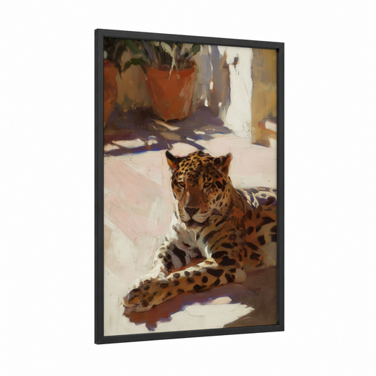 Sunlit Leopard framed art print — black wood frame — gold and cream palette