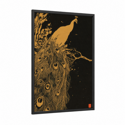 Golden Peacock framed art print — black wood frame — gold and black palette