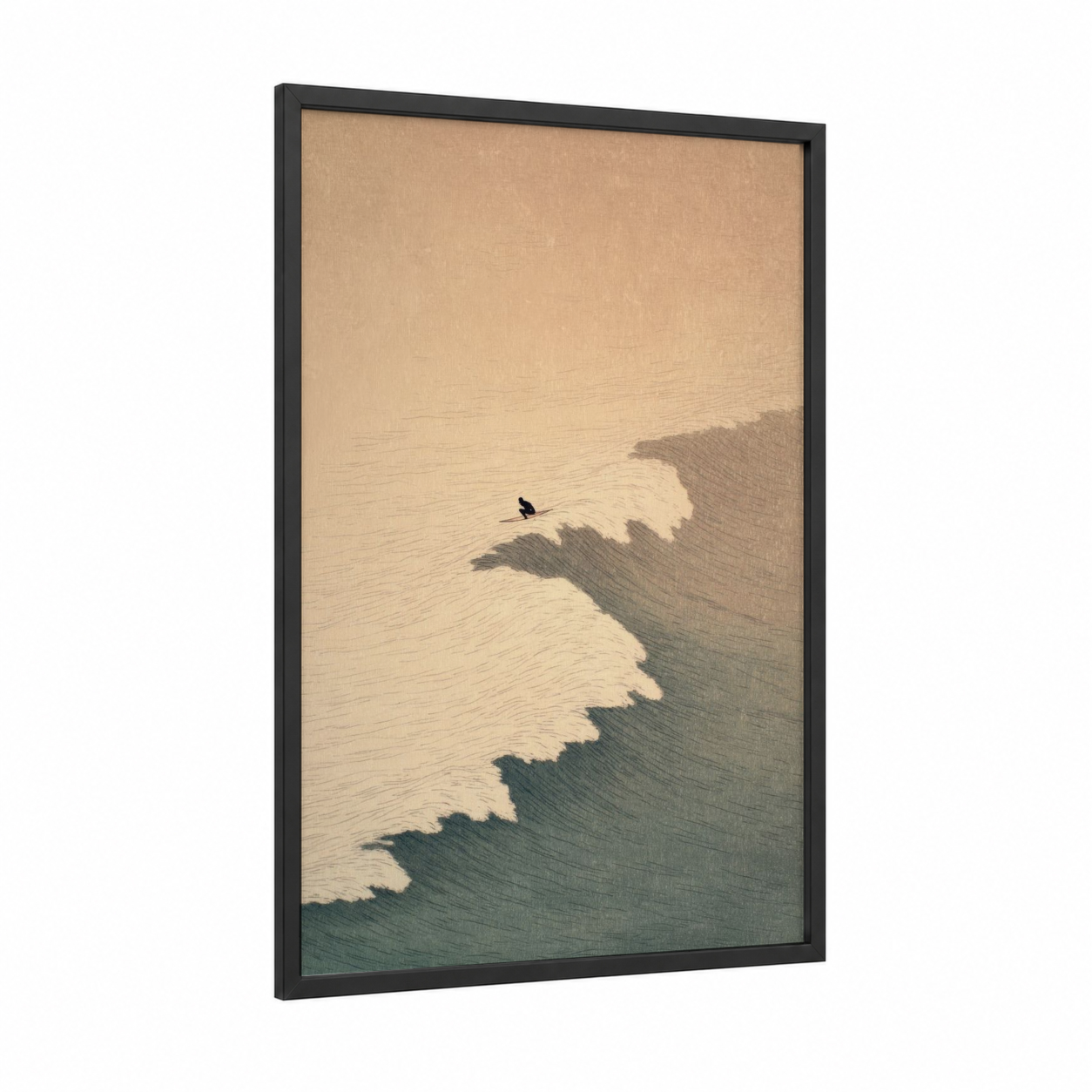 Solitary Surfer framed surfing print — black wood frame — beige and teal palette