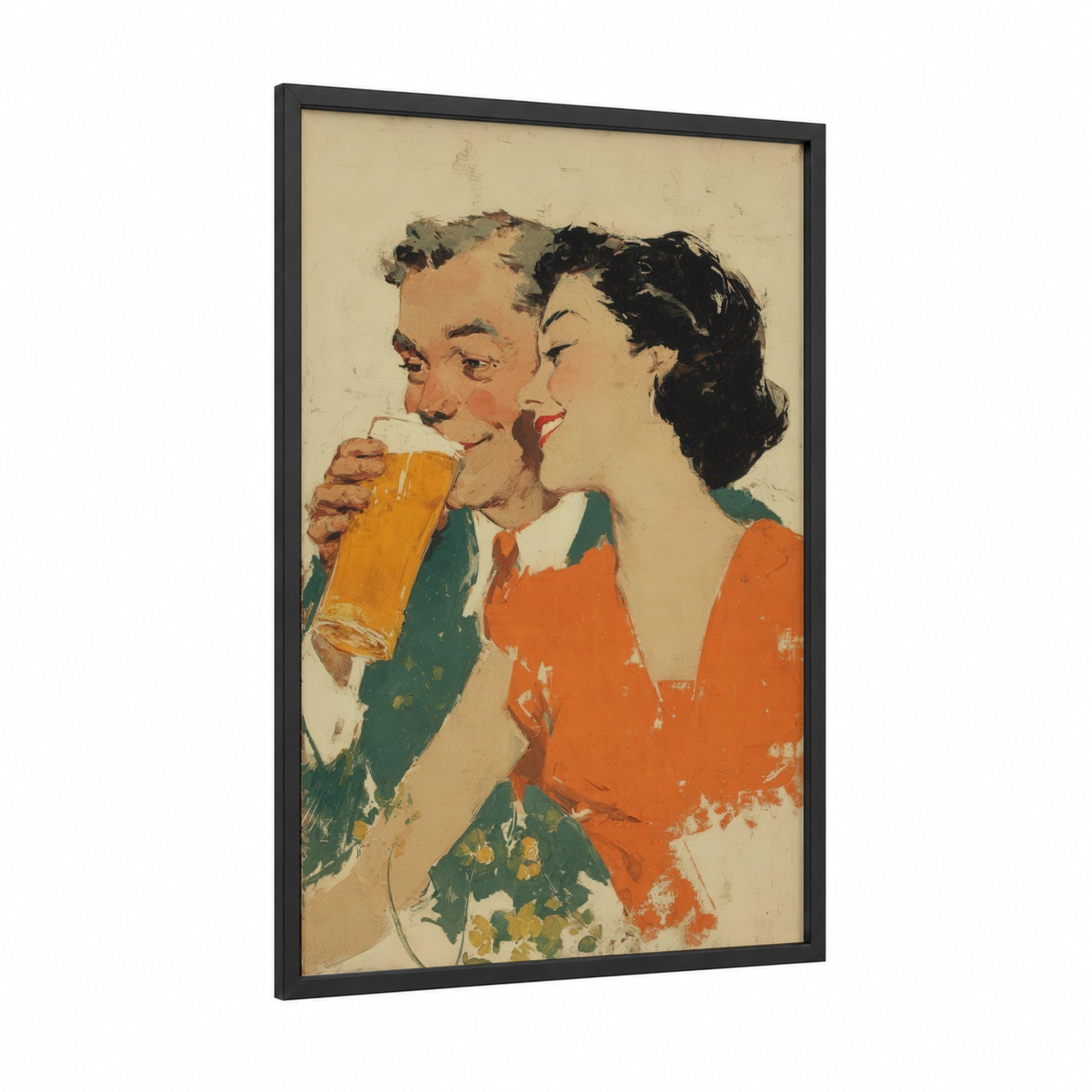 Vintage Beer Pair framed art print — black wood frame — cream and orange palette