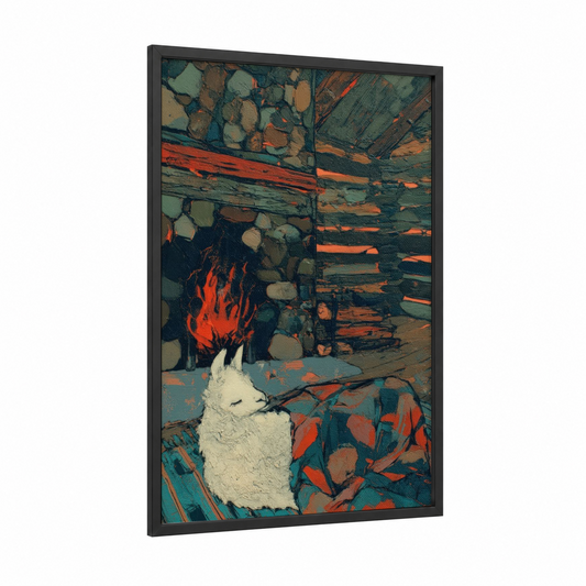 Fireside Llama framed art print — black wood frame — teal palette