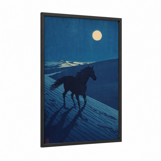 Moonlit Arabian framed arabian horse print — black wood frame — blue and cream palette