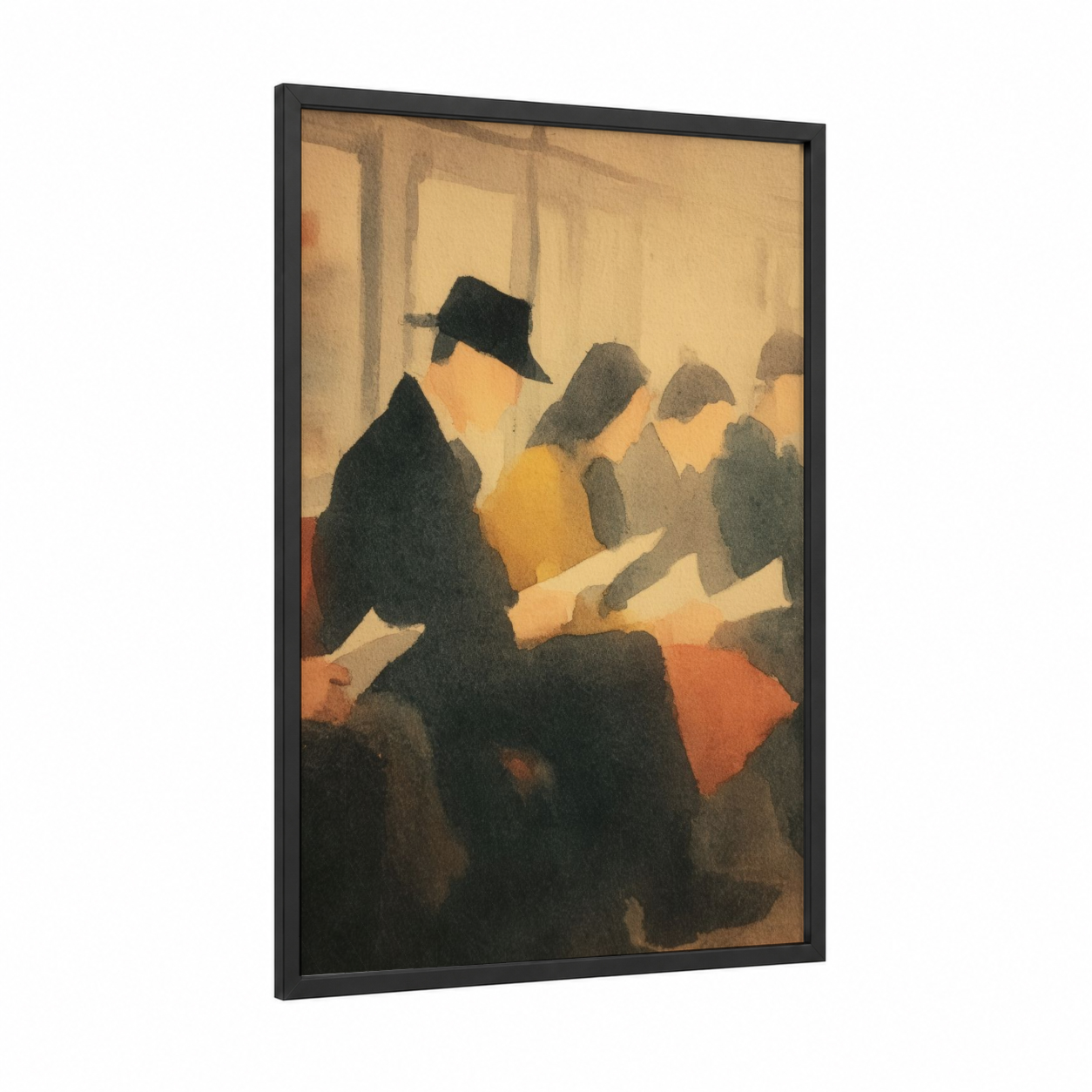 Silent Readers framed reading print — black wood frame — cream and dove gray palette