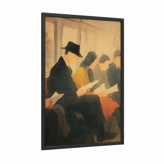 Silent Readers framed reading print — black wood frame — cream and dove gray palette