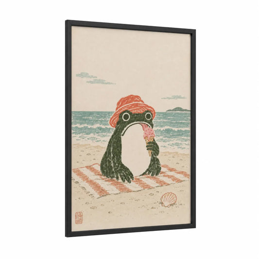 Frog at the Beach Wall Art framed frogs and toads print — black wood frame — beige and teal palette