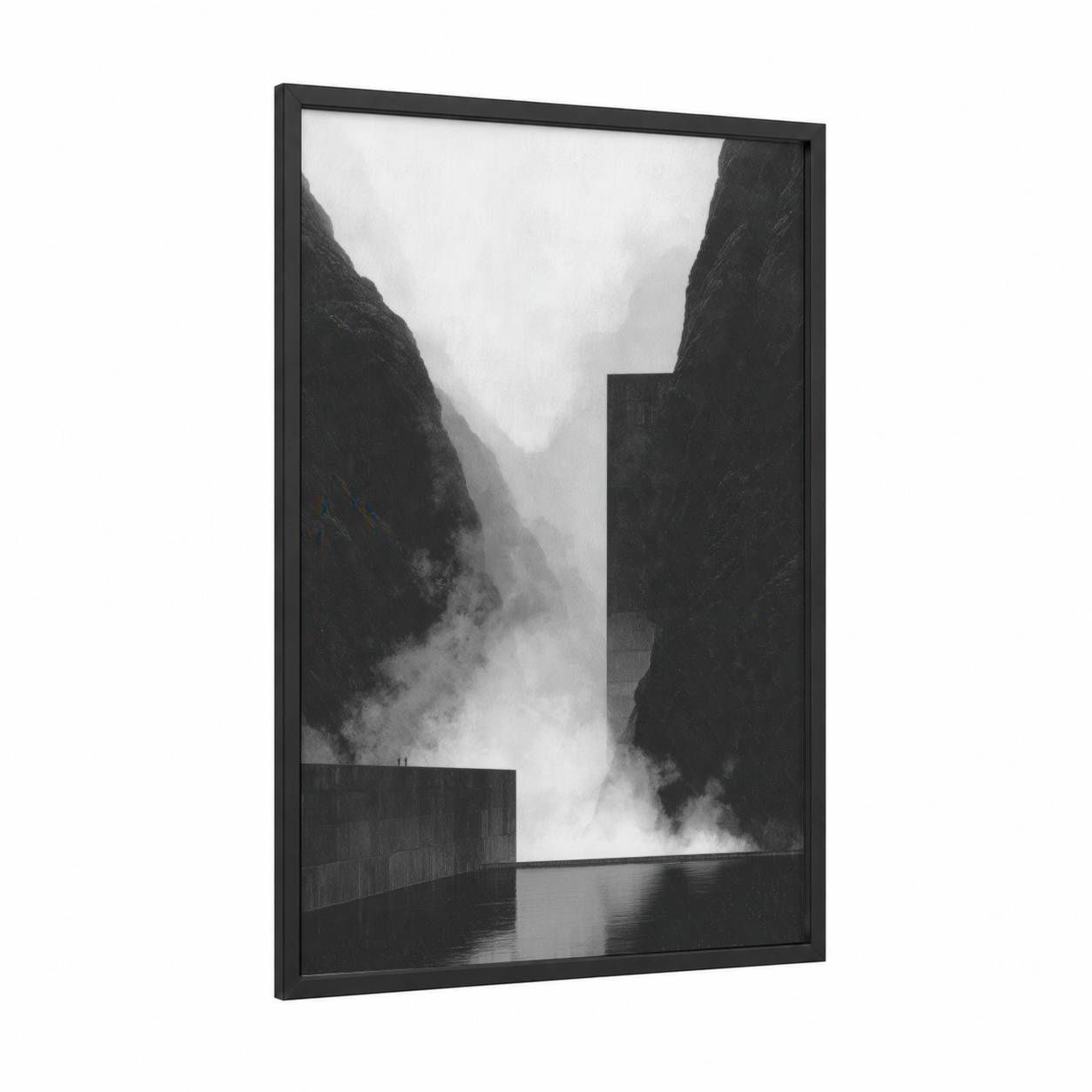 Misty Dam Valley framed art print — black wood frame — black and white and gray palette