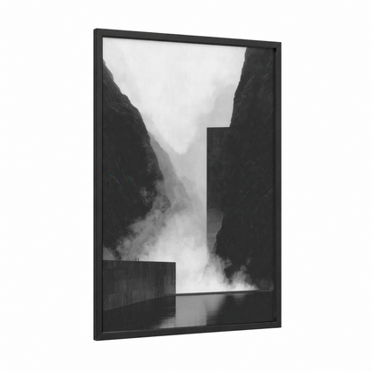 Misty Dam Valley framed art print — black wood frame — black and white and gray palette