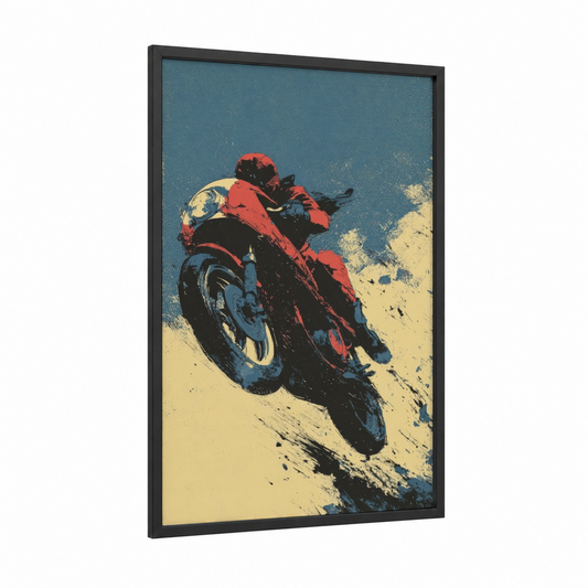 Crimson Speed Rider framed vintage motorcycle print — black wood frame — teal and red palette
