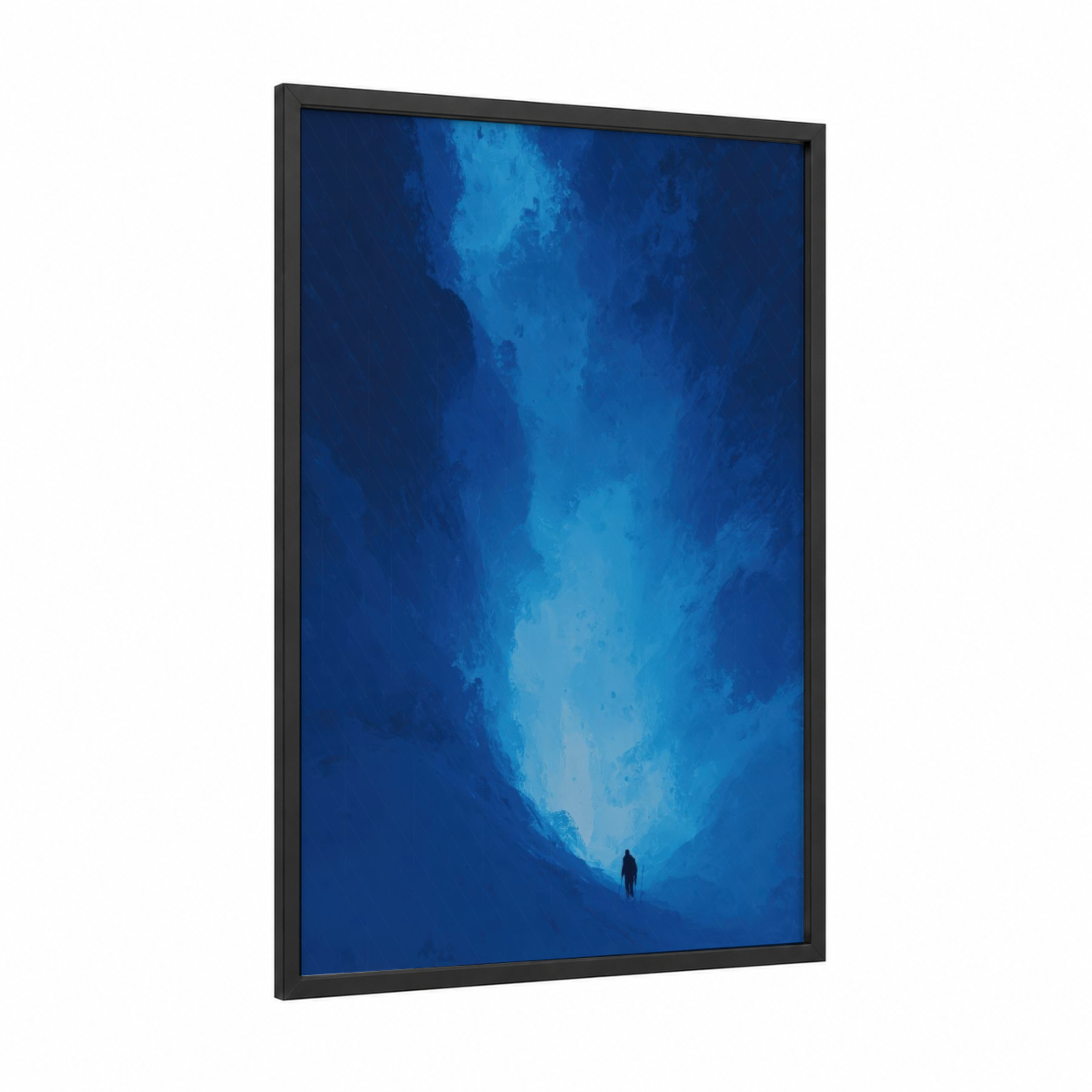 Frozen Ascent framed ice climbing print — black wood frame — blue and dark blue palette