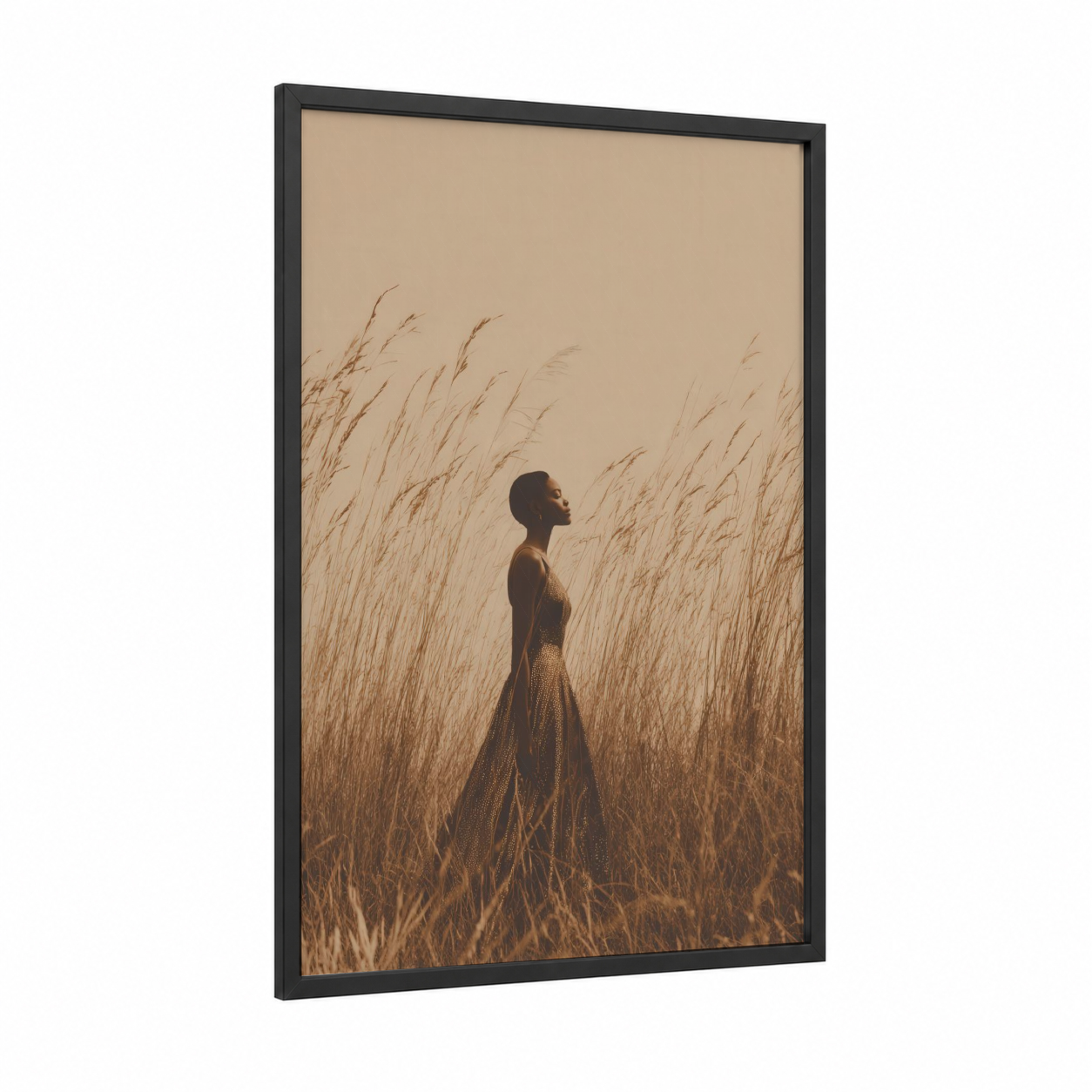 Golden Hour Elegance framed fashion photography print — black wood frame — gold and beige palette