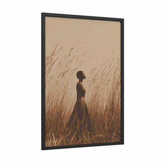 Golden Hour Elegance framed fashion photography print — black wood frame — gold and beige palette