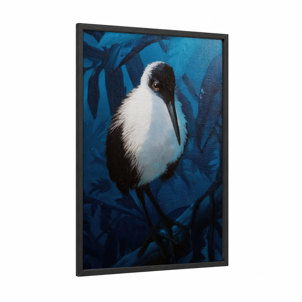 Midnight Kiwi framed art print — black wood frame — dark blue and white palette