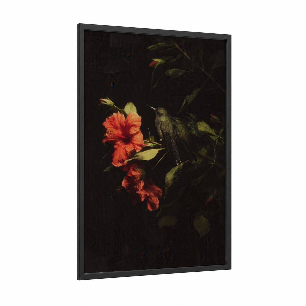 Crimson Hummingbird framed art print — black wood frame — red and black palette