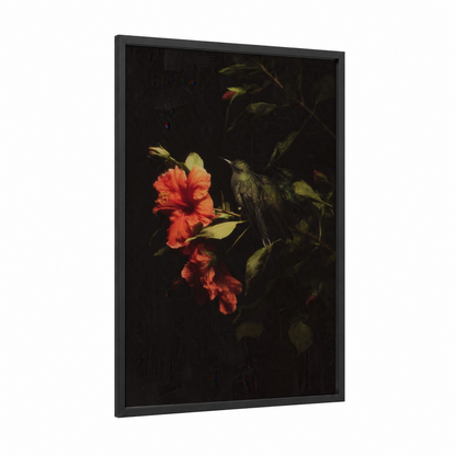 Crimson Hummingbird framed art print — black wood frame — red and black palette
