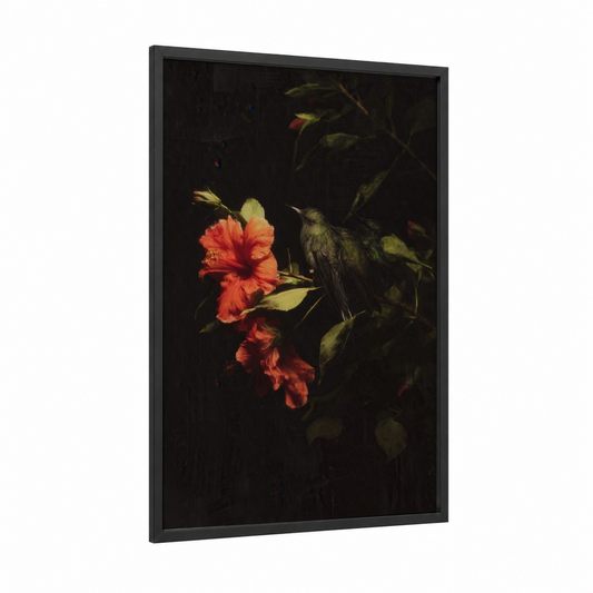Crimson Hummingbird framed art print — black wood frame — red and black palette