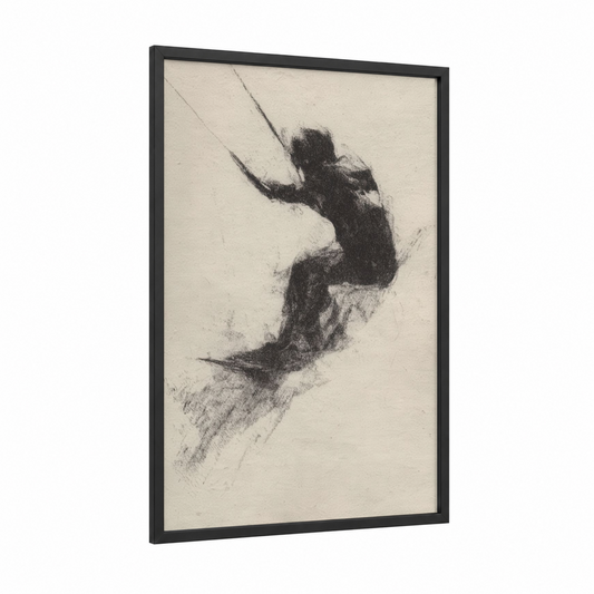 Aerial Wakeboarder framed wakeboarding print — black wood frame — black and white and cream palette