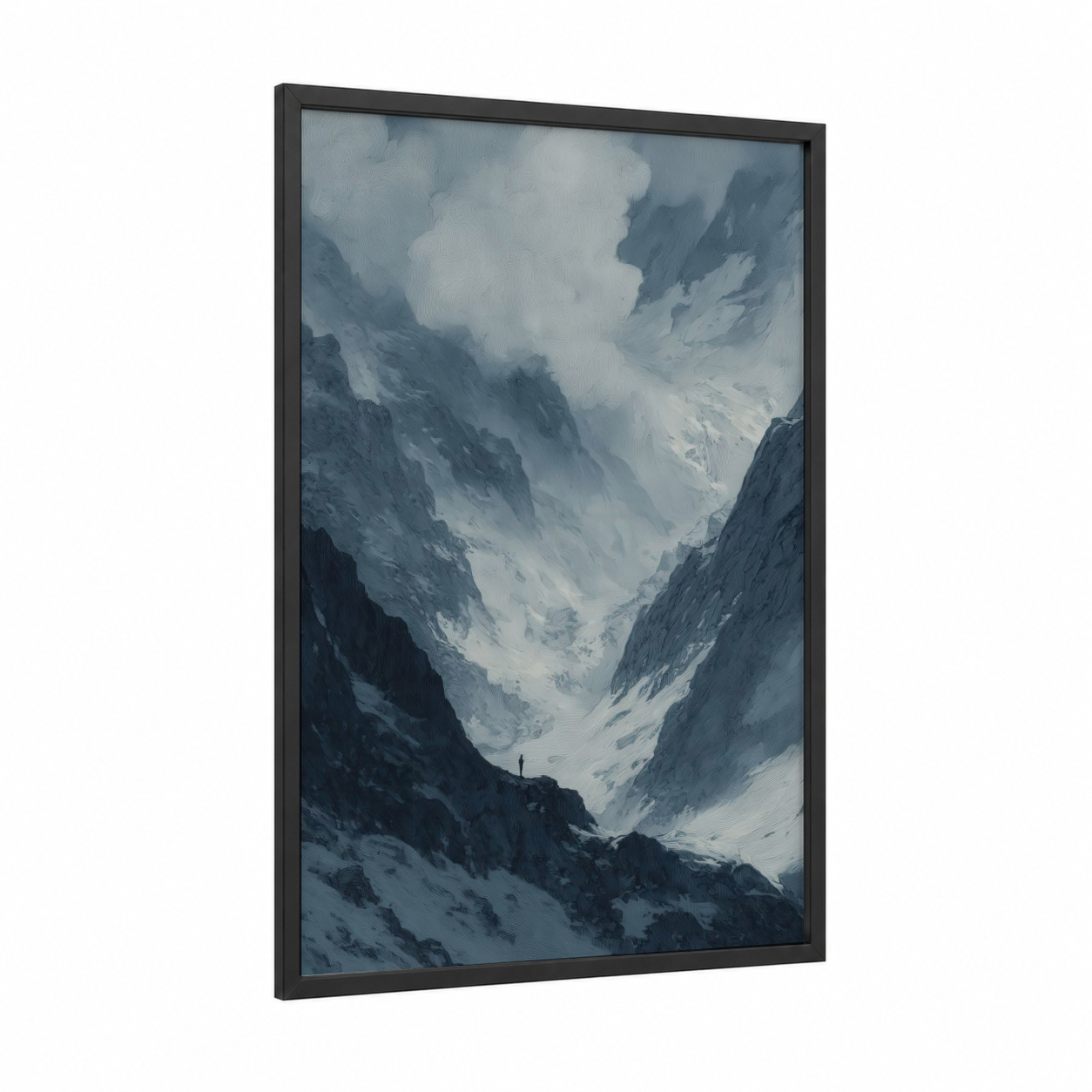 Alpine Glacier Vista framed art print — black wood frame — gray and blue and white palette