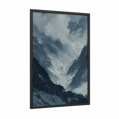 Alpine Glacier Vista framed art print — black wood frame — gray and blue and white palette