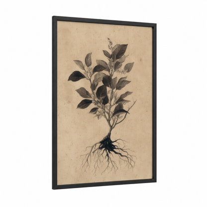 Botanical Banyan framed banyan tree print — black wood frame — black and white and beige palette