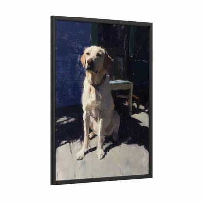 Sunlit Retriever framed art print — black wood frame — blue and cream palette