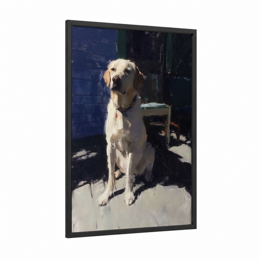 Sunlit Retriever framed art print — black wood frame — blue and cream palette