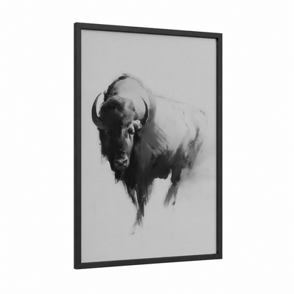 Majestic Bison framed art print — black wood frame — black and white and gray palette