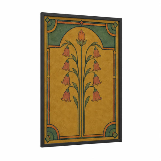 Art Nouveau Bell Flower Wall Art framed art print — black wood frame — gold and true green palette