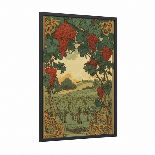 Vineyard Sunset Frame framed vineyards print — black wood frame — gold and dark green palette