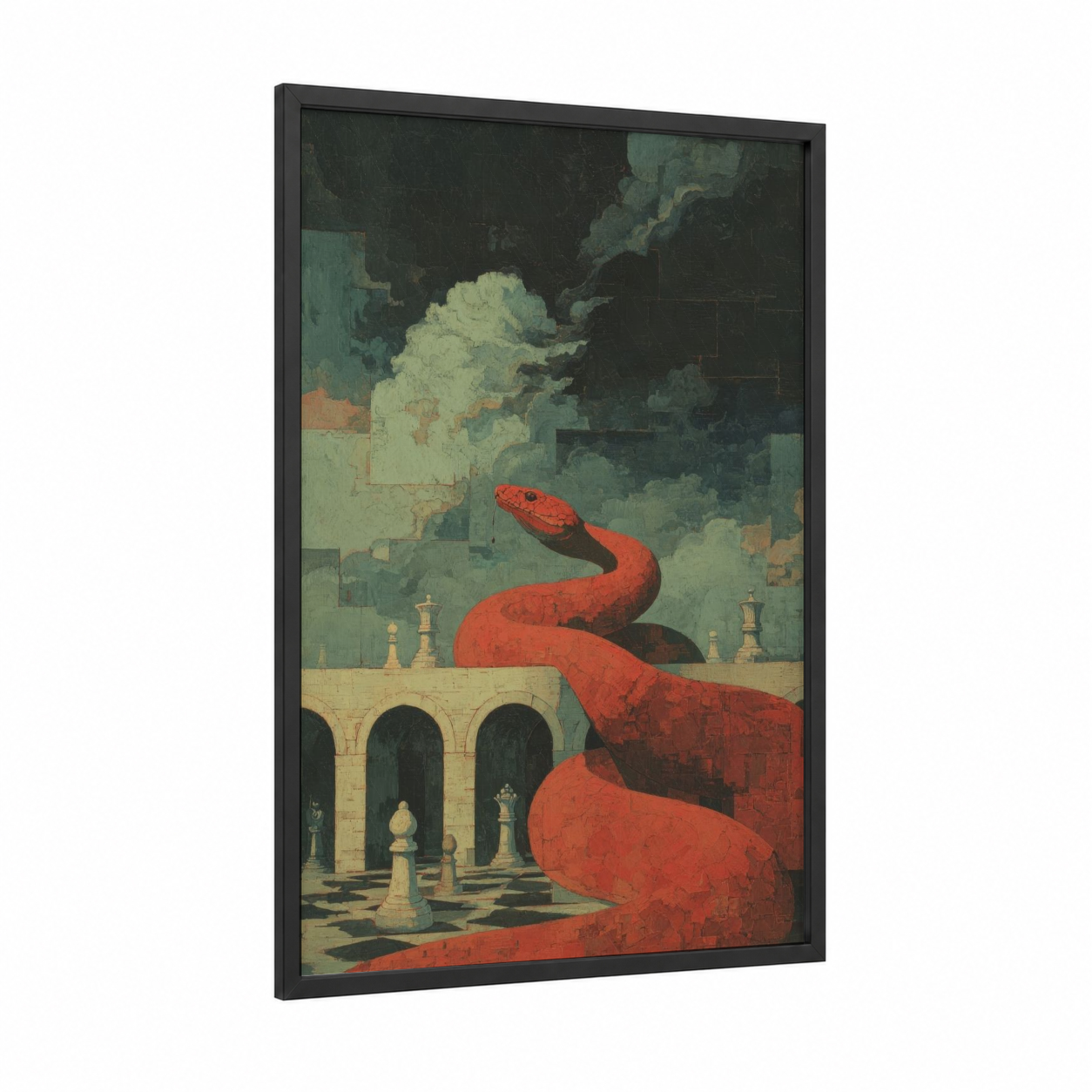 Crimson Viper Palace framed art print — black wood frame — red and sage green palette