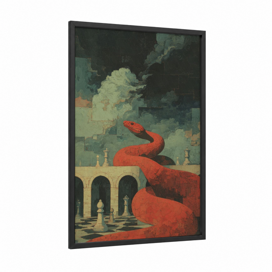 Crimson Viper Palace framed art print — black wood frame — red and sage green palette