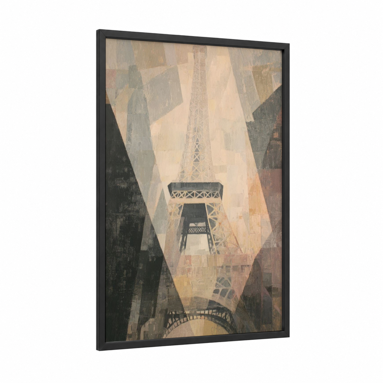 Parisian Geometry framed eiffel tower print — black wood frame — cream and dove gray palette