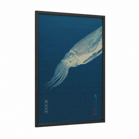 Indigo Squid framed art print — black wood frame — dark blue and cream palette