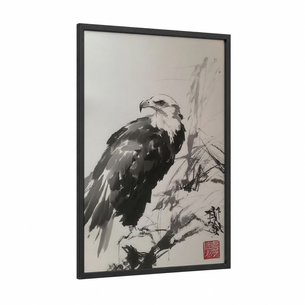 Majestic Eagle Branch framed art print — black wood frame — black and white palette