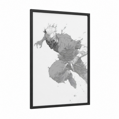 Undead Creature framed zombie print — black wood frame — black and white and gray palette