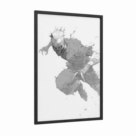 Undead Creature framed zombie print — black wood frame — black and white and gray palette