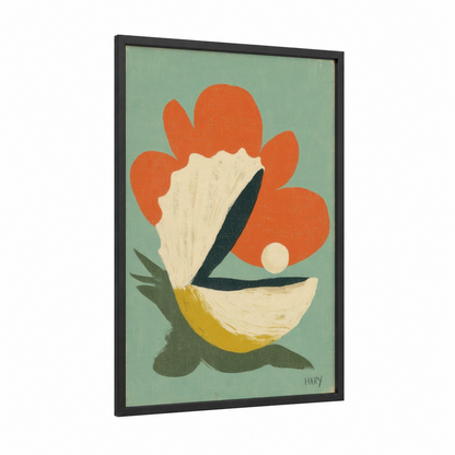 Coral Oyster framed art print — black wood frame — light green and orange palette