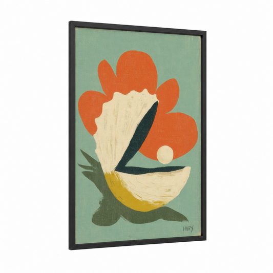 Coral Oyster framed art print — black wood frame — light green and orange palette