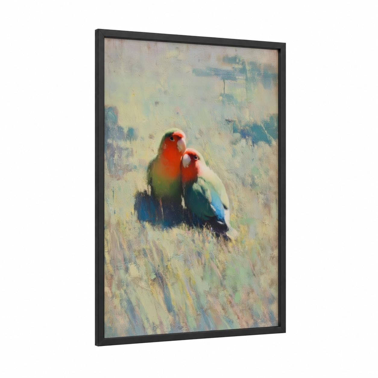 Crimson Parrots framed safari parrots print — black wood frame — red and cream palette