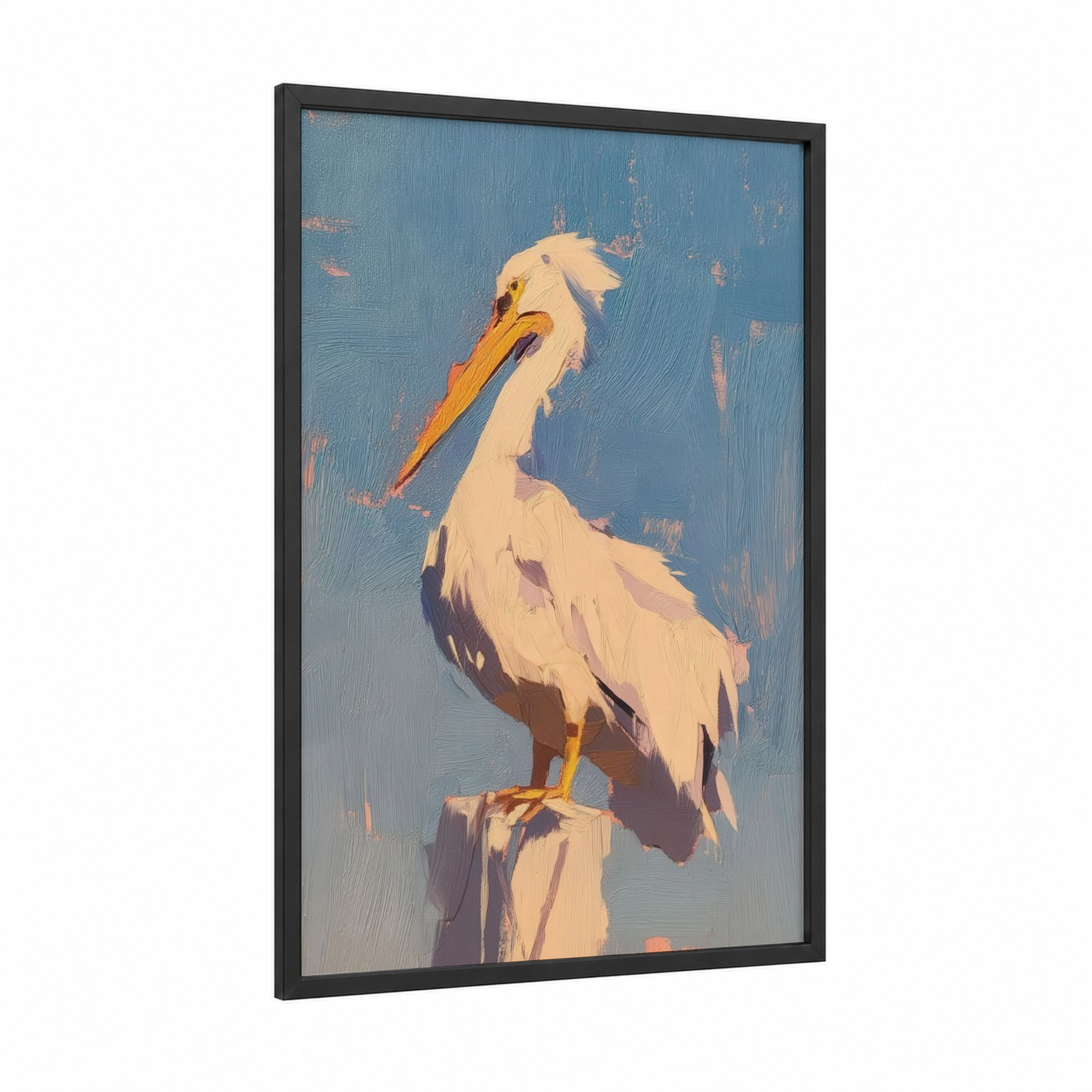 Golden Pelican framed art print — black wood frame — gold and blue palette