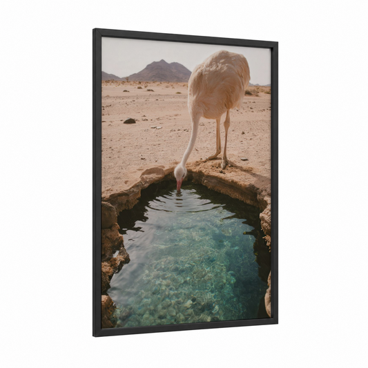 Desert Ostrich framed art print — black wood frame — beige and turquoise palette